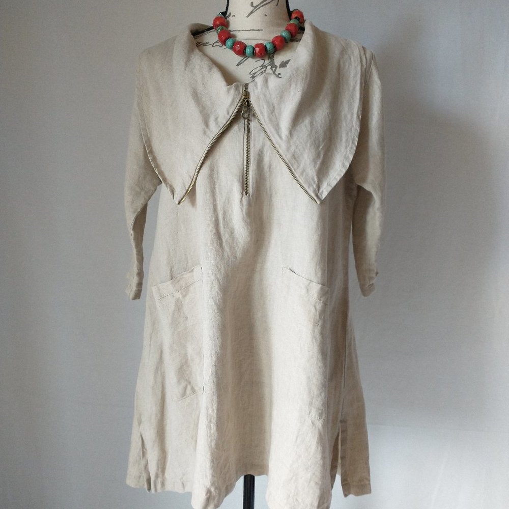 Beni Vie 100%Linen Lagenlook Tunic Top Pocket Natural Fabric Beige S Made in USA - Picture 2 of 10